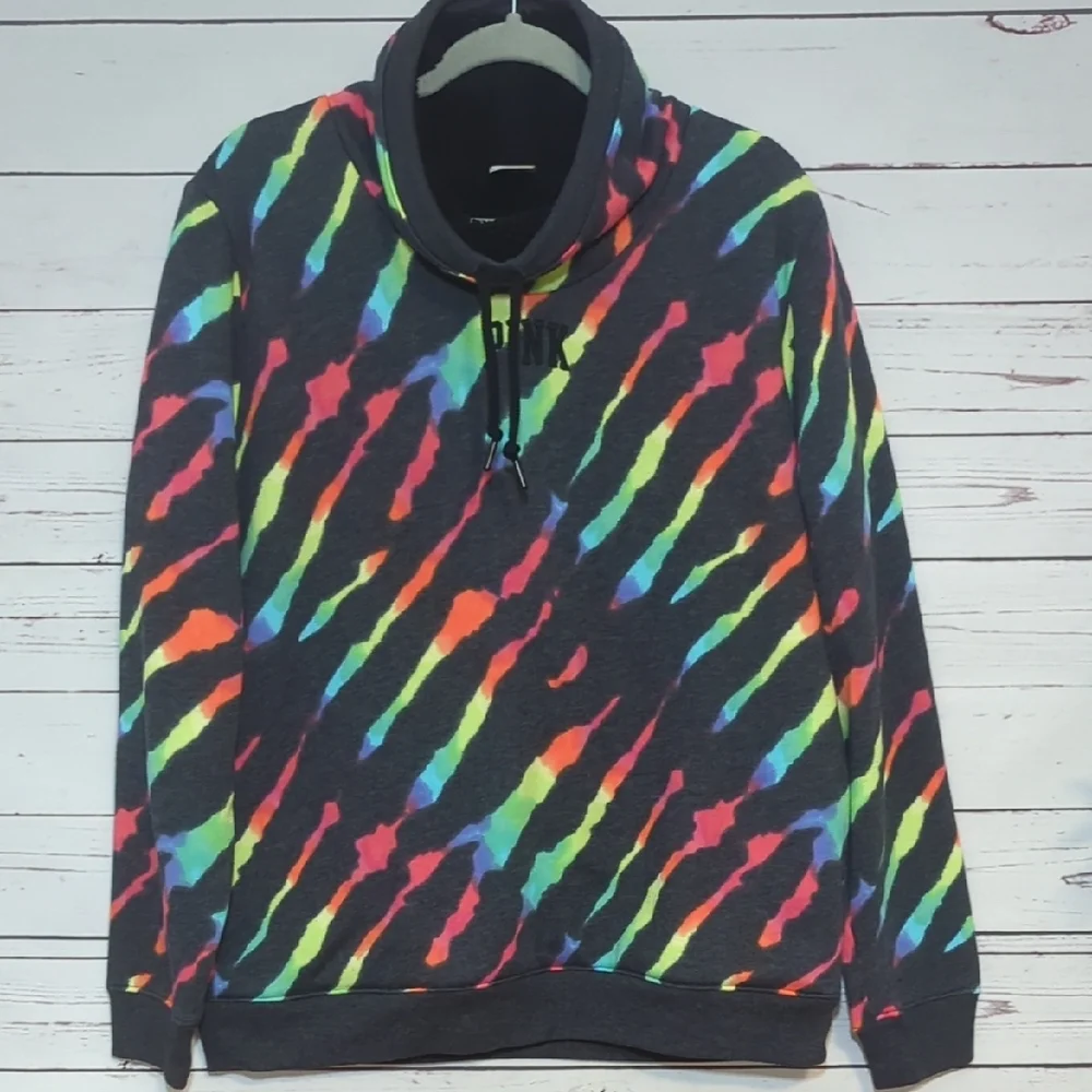 Victoria's Secret Pink Sweatshirt Zebra Rainbow Sherpa Cowl Neck Pullover Medium